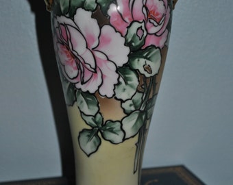 Nippon Porcelain Vase with Art Deco Rose Floral Pattern