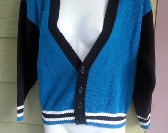 Vintage 80s Teal & Black Snug Midriff Baring Cropped V Neck Cardigan Sweater Size Small