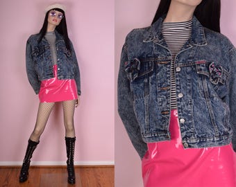 80s Acid Wash Bow Cropped Denim Jacket/ Large/ 1980s/ Kawaii/ Pink/ Stone Wash/ Jean Jacket