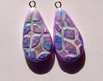 Cobblestone Teardrop Style Charm Handmade Artisan Polymer Clay Beads Pair