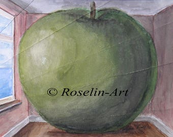 Original watercolor. Apple folded. Any after Magritte