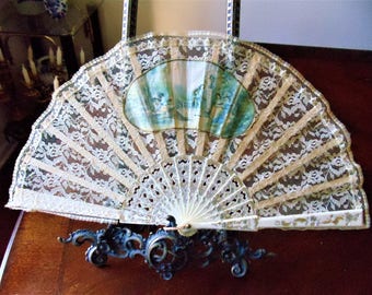 Antique Unique Spain Hand Fan, Celluloid Guards & Blades Wooden Ribs Antique White Lace w/Hand-Painted Silk Applique Folding Hand Held Fan