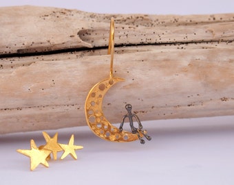 Gold Moon Gold Star Earrings, Man on the Moon Earrings