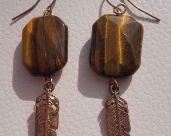 Vintage Tigers Eye and Gold Metal Feather Drop Earrings.