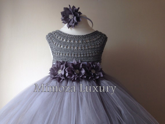 Grey Flower girl dress, grey tutu dress, grey bridesmaid dress, princess dress, silk crochet top tulle dress, hand knit silk top tutu dress,