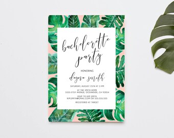 Bachelorette Party Invitation, Bachelorette Weekend, Palm Print, Tropical, Pink (1116)
