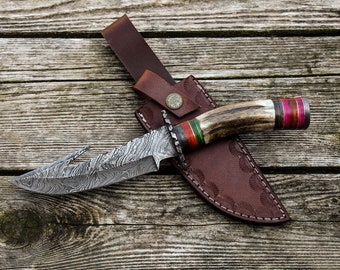 10" Inch Custom Hand Made Forged Damascus Steel Hunting Bowie Knife Fixed Blade Deer Antler Handle With Leather Sheath Full Tang