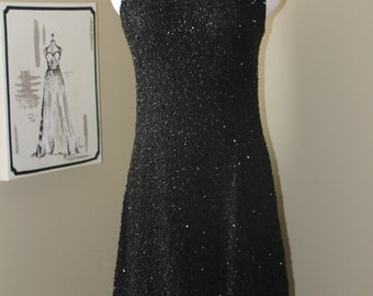 Vintage Black Beaded Dress-Short-Sleeveless-Full Skirt-Fit N Flare-All Beaded-80's-Size US Medium