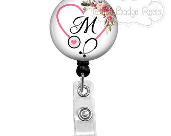 Retractable Badge Holder - Floral Badge Reel - Floral Heart Stethoscope Monogram Badge Holder - Nurse Badge Reel - Initial Badge Reel - 0180