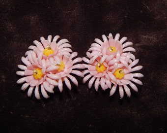 Vintage Plastic Flower Earrings Small Pink and Yellow Floral Cluster Clip On Plastic Earrings