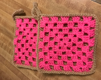 2 double thick pot holders- pink/ brown