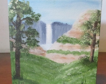 small oil painting; Distant Waterfall