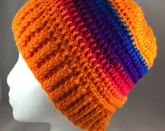 Sale 25% off Orange Striped Handmade Crocheted Winter Beanie
