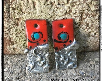 Red and Turquoise and Stamped Solder Torch Fired Enamel Charms