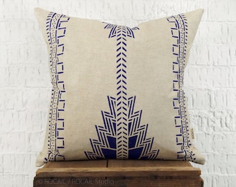 Southwestern Decorative Throw Pillow Case, Cushion Cover | Navajo Native American Indigo Blue and Natural Beige Pattern | Tribal Decor