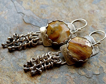 Mocha Lace Agates/Big Boho Sterling Silver Earrings/Dramatic Casual/Twisted Silver Dangles . Rustic Boho Tribal Southwest Style Jewelry