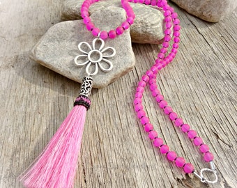 Hot pink flower power horsehair tassel necklace