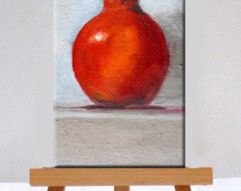 Red Pomegranate, Small, Canvas Painting, Original, Oil Painting, Kitchen Wall Decor, 4x6, Still Life