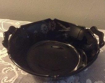 Double handled ebony black glass vegetable bowl