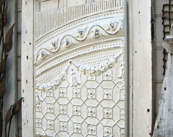 Antique Ceiling Tin Tile, FRAMED, Ready to Hang. Large off white metal wall art. Tin 10 anniversary gift, Oklahoma architectural salvage.