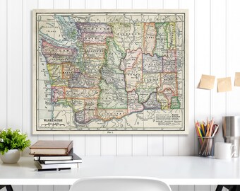 Washington State Map, Washington Map Canvas, Antiqued Washington Map, Canvas Wall Decor, Washington Wall Decor, Map of Washington Canvas