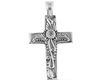 Floral Embossed Sterling Silver Cross Pendant Without Chain