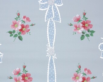 1940s Vintage Wallpaper by the Yard - Pink Flowers on Blue with Ribbons and Bows