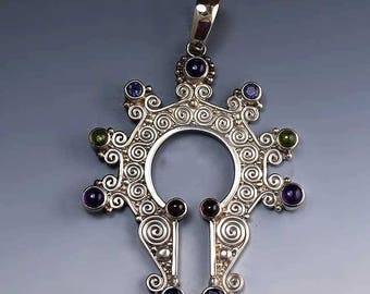Fab Signed Sajen Sterling Silver Garnet Amethyst Peridot Iolite Sapphire Pendant