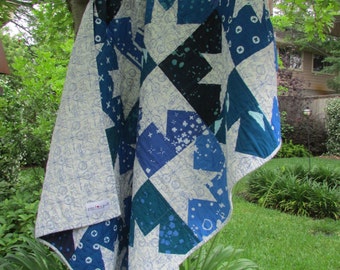 Geometric Quilt | Modern Quilt Throw | Shades of Blue Quilt | Starry Nights Quilt | Lap Quilt