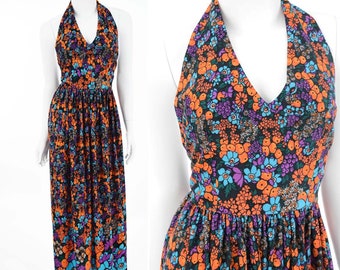 70s Floral Border Print Maxi Dress-1970s Halter Dress-Summer-Festival-Resort-Cruise-S-Small
