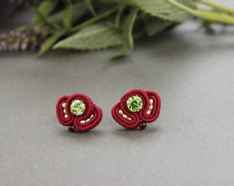 Red green studs. Dark red earrings, Rhinestone earrings studs. Red post earrings Small earrings Soutache earrings, inspirational imagination