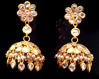 GOLD & Pearl JHUMKA EARRINGS,Kundan Jhumkas,Large Dome earrings,jhumkis,Indian Jewellery by Taneesi