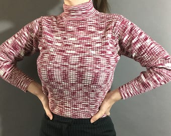 60s 70s Digital Rose - 1960s 1970s Vintage Long Sleeve Top - Red Pink White Abstract Pattern Sweater Top - Fitted Turtleneck w Back Zipper