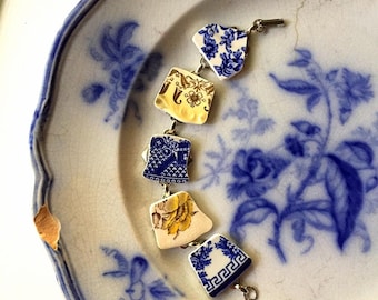 Broken china jewelry - broken china bracelet - made from antique broken china plates ecofriendly - flow blue, yellow, Dishfunctional Designs