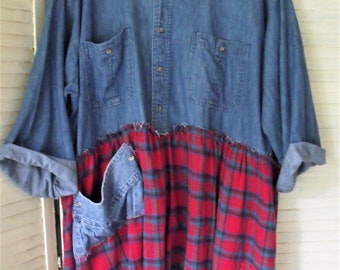 Denim Shirt Tunic/ Denim and Flannel/ Plus Size Tunic/ Altered Man's Shirt/ Garden Smock/ Casual Comfort/ Sheerfab Handmade