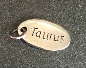 Taurus Zodiac Charm, Sterling Silver Enamel Charm, Taurus Oval Tag Charm, Horoscope Charm for Charm Bracelets