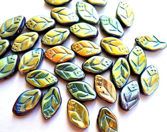 20 Czech glass beads, leaf shape, leaves 13mmx8mm, blue green