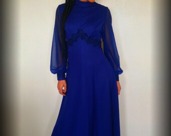 Vtg 70's BOHEMIAN HIPPIE navy blue empire waist maxi dress S