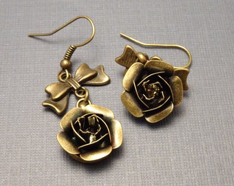 Metal Flower and Bow Earrings, Antique Bronze Earwires, # 2026
