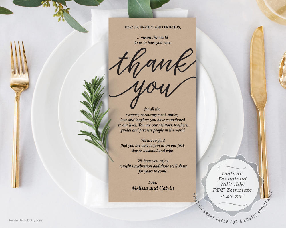 Wedding Place Setting Thank You Card Instant Download