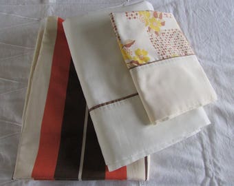 Vintage Twin Sheet Set - Orange, Brown and Cream Striped Fitted - "Matching Pillowcase" - 70s Linen - Retro Linen