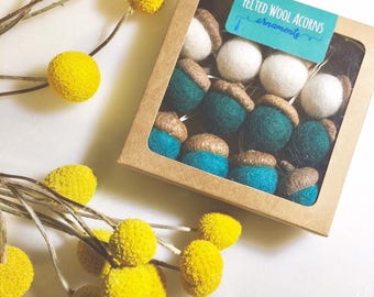 Felted Wool Acorn Ornaments| Felt Acorns on Hemp String | Set of 12 | In Gift Box | Multiple Colors!