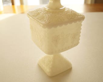 White Milk Glass Pedestal Compote in Grape Pattern with Lid, Vintage 1950s Candy Bowl