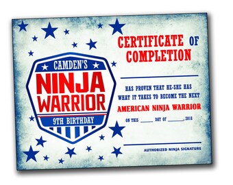 American Ninja Warrior Certificate of Completion Party Ninja