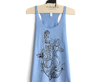 XL -Tri-Blend Light Blue Racerback Tank with Mermaid Anchor Screen Print
