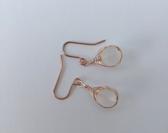 rose gold earrings,pretty bead earrings,wrapped earrings,frosted crystal bead,rose wrap earrings,pretty rose earrings,pale rose gold,