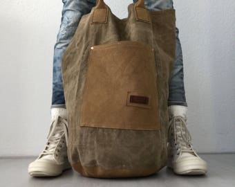 Leather and canvas bucket bag