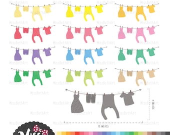 30 Colors Hanging Clothes Line Clipart - Instant Download