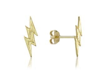 14K Solid Yellow Gold Lightning Bolt Stud Earrings - Thunder