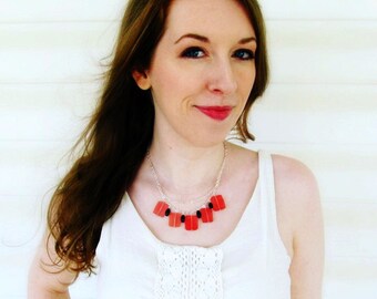 Silver Watermelon Red Bib Necklace - Layered Silver Chain Summer Necklace